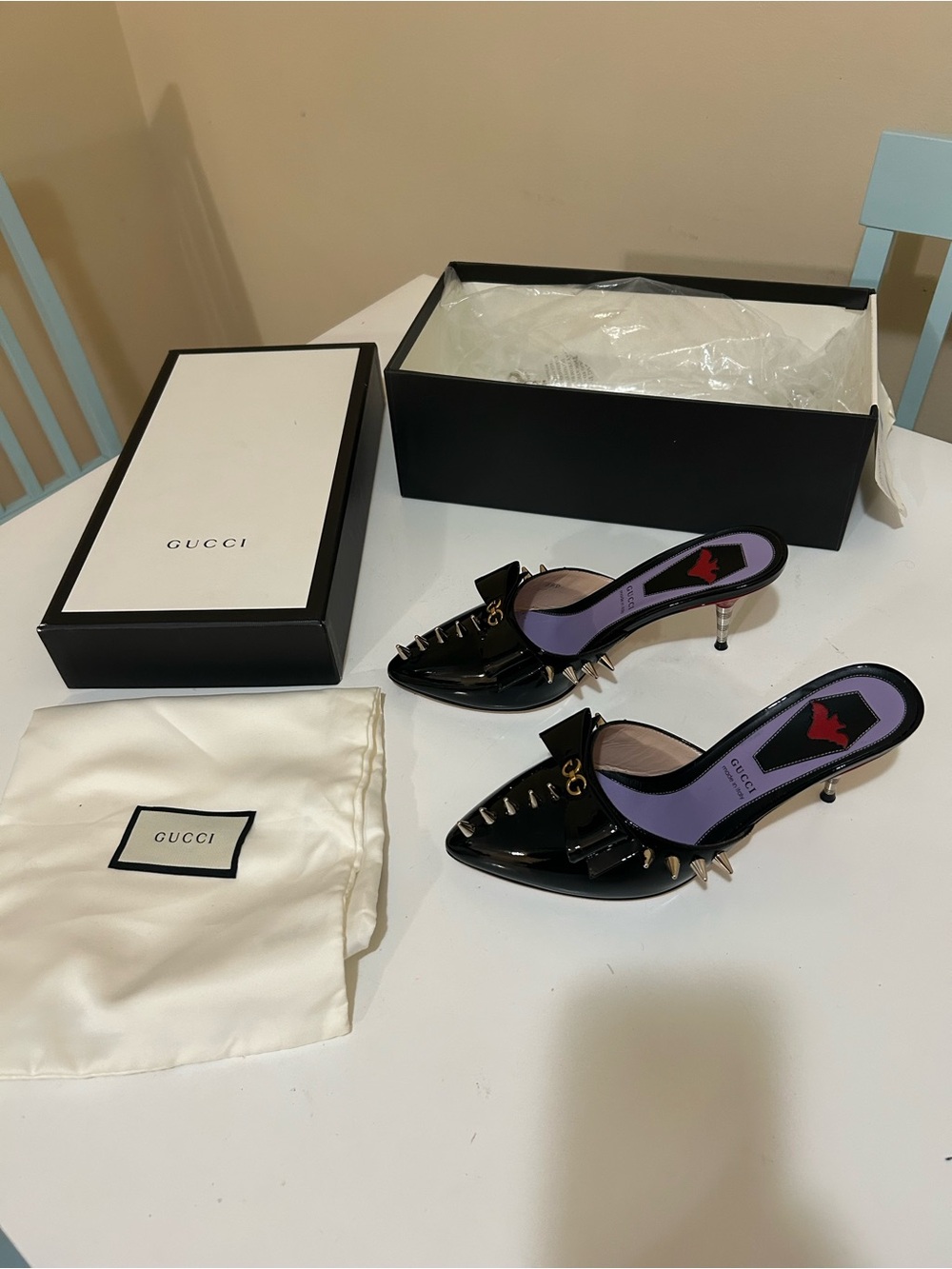 Gucci Black Patent Leather Studded Pointed Mules with Purple Insole